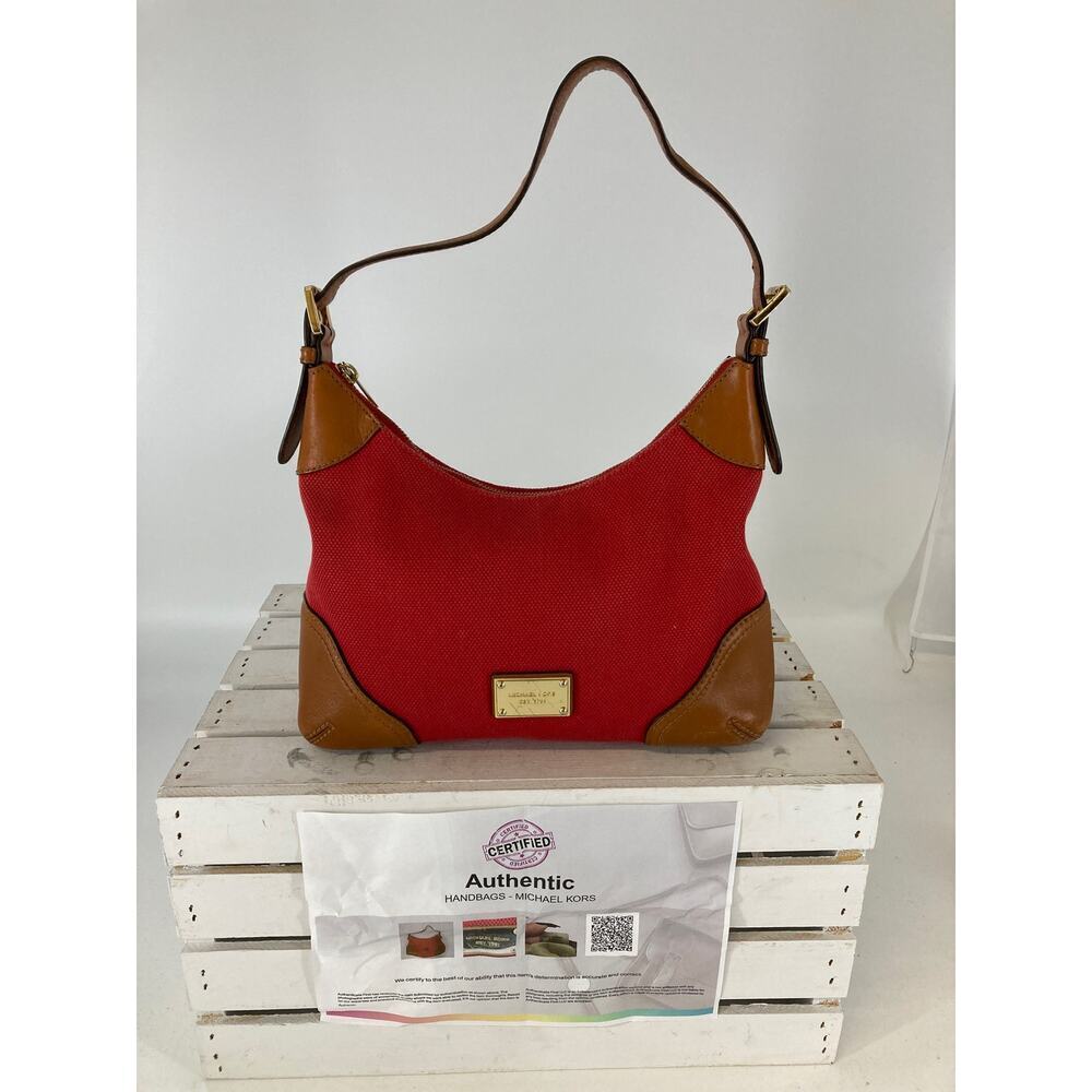 MICHAEL KORS, LARGE RED CANVAS, BROWN LEATHER SHOULDER BAG